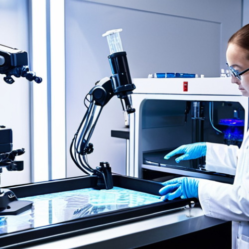 Home 18 **A futuristic bioprinting lab:** A robot arm precisely deposits bio-ink onto a scaffold. In the background, scientists in lab coats observe, with holographic projections displaying complex tissue structures. The lab is clean, modern, and brightly lit, emphasizing the precision and high-tech nature of bioprinting.