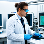 A focused professional scientist, wearing a pristine white lab coat, safety glasses, and gloves, meticulously operating an advanced bioprinter in a state-of-the-art sterile cleanroom. The lab features sophisticated cooling units and monitors displaying complex data. The environment is brightly lit and futuristic. safe for work, appropriate content, fully clothed, professional dress, perfect anatomy, correct proportions, natural pose, well-formed hands, proper finger count, natural body proportions, high-quality photograph.