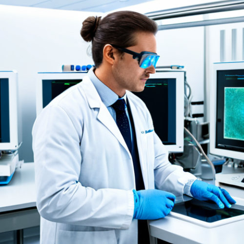 Home 8 A focused professional scientist, wearing a pristine white lab coat, safety glasses, and gloves, meticulously operating an advanced bioprinter in a state-of-the-art sterile cleanroom. The lab features sophisticated cooling units and monitors displaying complex data. The environment is brightly lit and futuristic. safe for work, appropriate content, fully clothed, professional dress, perfect anatomy, correct proportions, natural pose, well-formed hands, proper finger count, natural body proportions, high-quality photograph.