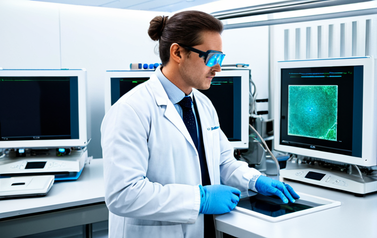 A focused professional scientist, wearing a pristine white lab coat, safety glasses, and gloves, meticulously operating an advanced bioprinter in a state-of-the-art sterile cleanroom. The lab features sophisticated cooling units and monitors displaying complex data. The environment is brightly lit and futuristic. safe for work, appropriate content, fully clothed, professional dress, perfect anatomy, correct proportions, natural pose, well-formed hands, proper finger count, natural body proportions, high-quality photograph.