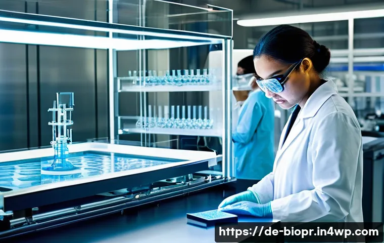 바이오프린팅을 통한 인공 장기 제작 과정 - **Prompt 1: The Precision of Bioprinting in a High-Tech Lab**
"A sleek, futuristic 3D bioprinter...