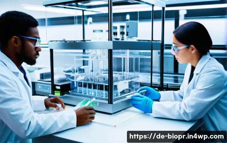 바이오프린팅 기술의 교육 및 훈련 필요성 - A modern biotechnology laboratory scene focused on bio-printing technology: a diverse group of scien...