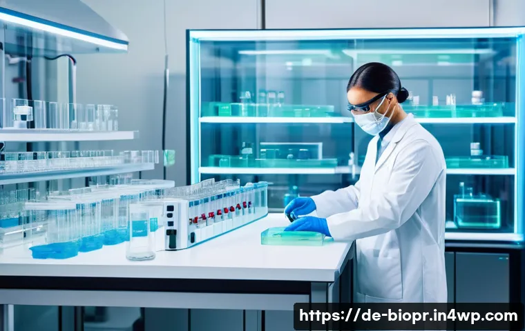바이오프린팅을 통한 미래의 의료 혁신 - A futuristic biotechnology laboratory scene showcasing a scientist using a high-precision 3D bioprin...