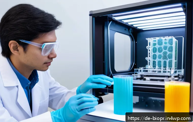 바이오프린팅의 기술적 도전과 해결책 - A highly detailed scientific laboratory scene showcasing a state-of-the-art multi-material bioprinte...