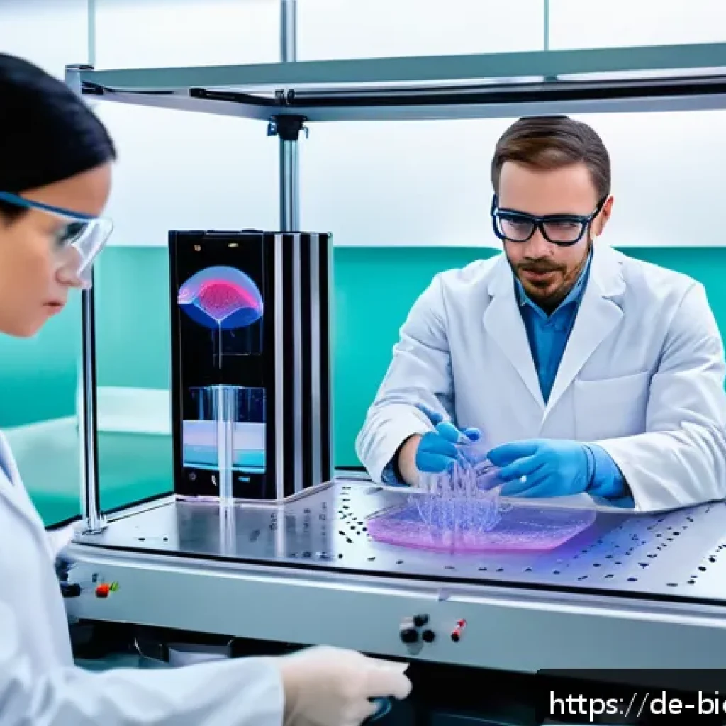 바이오프린팅의 혁신을 위한 창의적 접근법 - A highly detailed scientific laboratory scene showcasing advanced 3D bioprinting technology in actio...