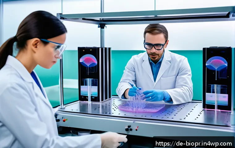 바이오프린팅의 혁신을 위한 창의적 접근법 - A highly detailed scientific laboratory scene showcasing advanced 3D bioprinting technology in actio...