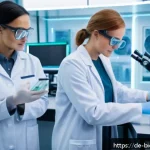 Home 23 바이오프린팅 기술의 글로벌 협력 네트워크 - A high-tech international bio-printing laboratory scene featuring diverse scientists from Germany, t...