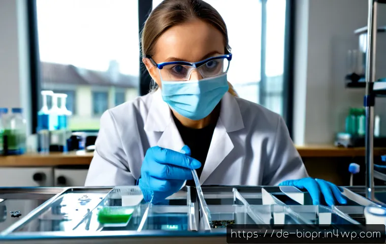 Home 17 바이오프린팅의 생체 적합성 평가 방법 - Photorealistic biomedical laboratory scene in Germany, a European scientist in clean protective eyew...